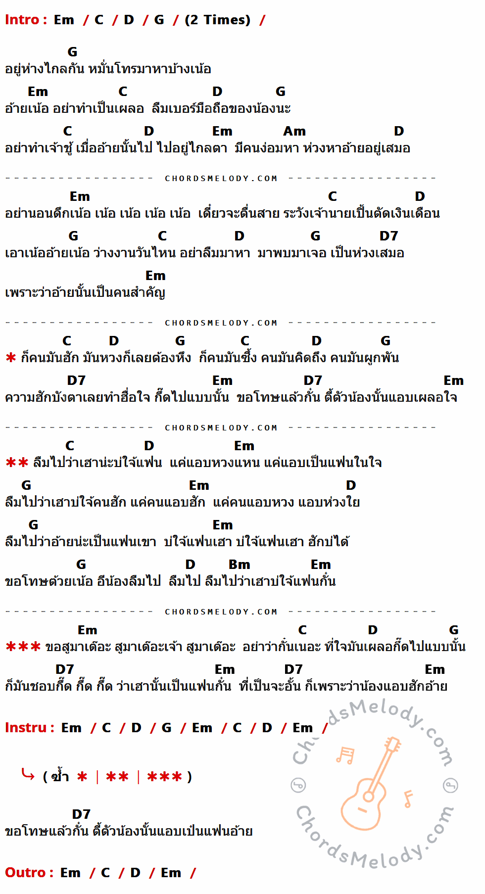 เนื้อเพลง ลืมไปว่าบ่ใช่แฟน ของ กระแต อาร์สยาม ที่มีคอร์ดกีต้าร์ Em,C,D,G,Am,D7,Bm