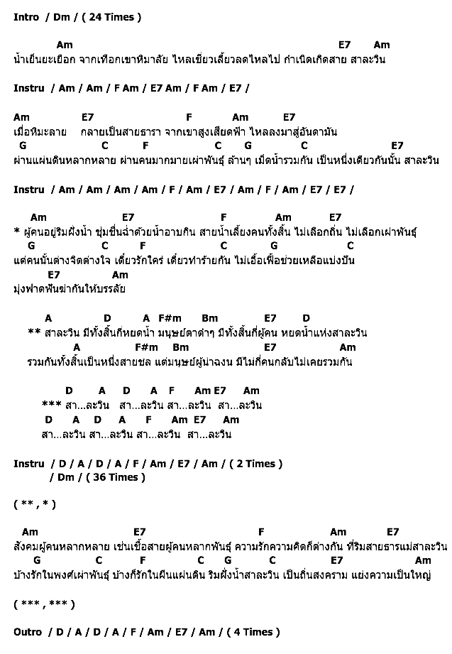 คอร์ดเพลง เนื้อเพลง สาละวิน, คอร์ดเพลง สาละวิน ของ คาราบาว, คอร์ดเพลงของ คาราบาว, เนื้อร้อง สาละวิน คาราบาว, สาละวิน คอร์ดง่าย ๆ, คอร์ด สาละวิน ต้นฉบับ