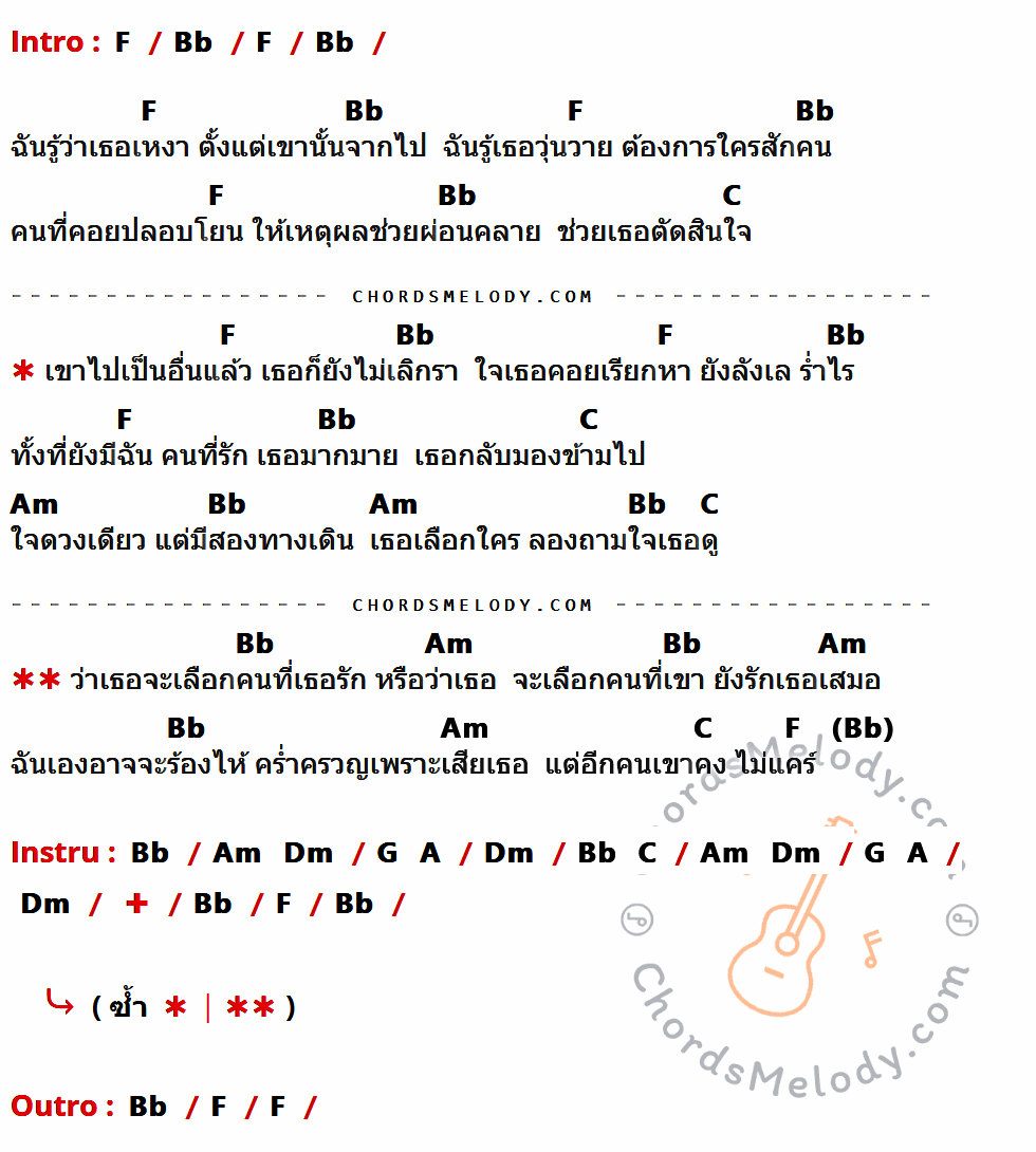 เนื้อเพลง เธอจะเลือกใคร ของ กัน นภัทร ที่มีคอร์ดกีต้าร์ F,Bb,C,Am,Dm,G,A