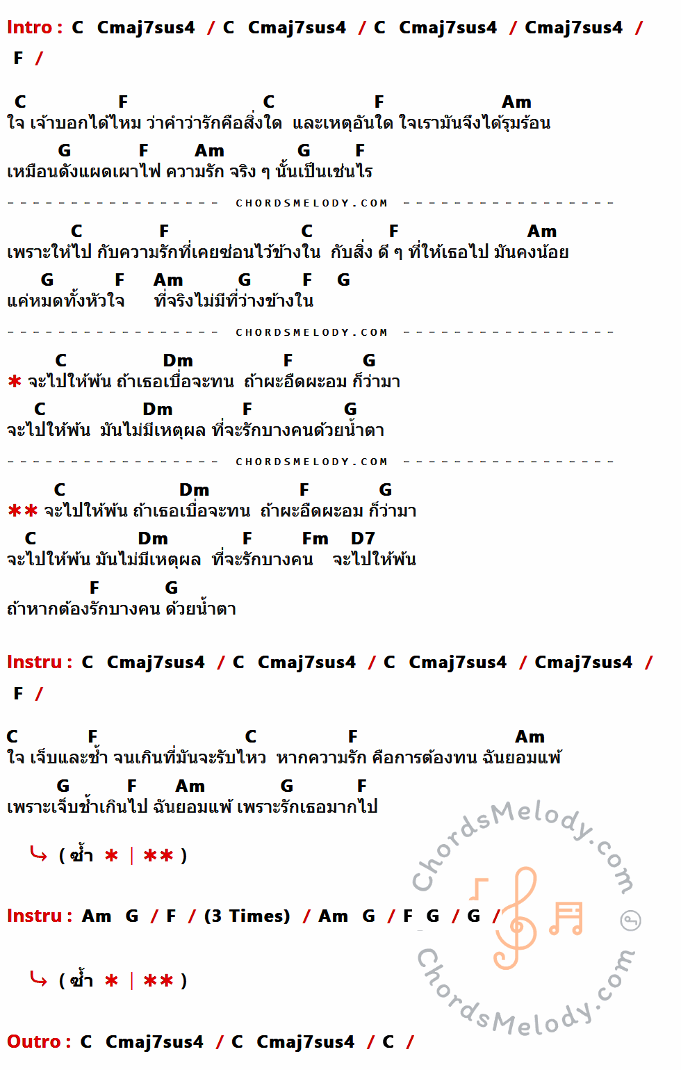 เนื้อเพลง รักด้วยน้ำตา ของ โจ ก้อง ที่มีคอร์ดกีต้าร์ C,Cmaj7sus4,F,Am,G,Dm,Fm,D7