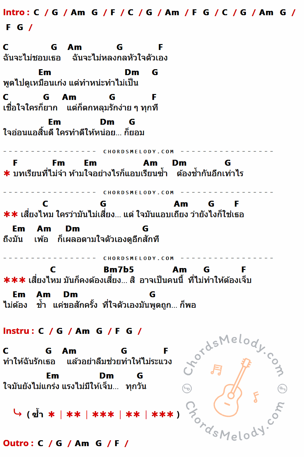 เนื้อเพลง เสี่ยงมั้ย ของ ขนมจีน กุลมาศ ลิมปวุฒิรานนท์ ที่มีคอร์ด ในกลุ่มคีย์ C,G,Am,F,Em,Dm,Fm,Bm7b5 ประกอบ