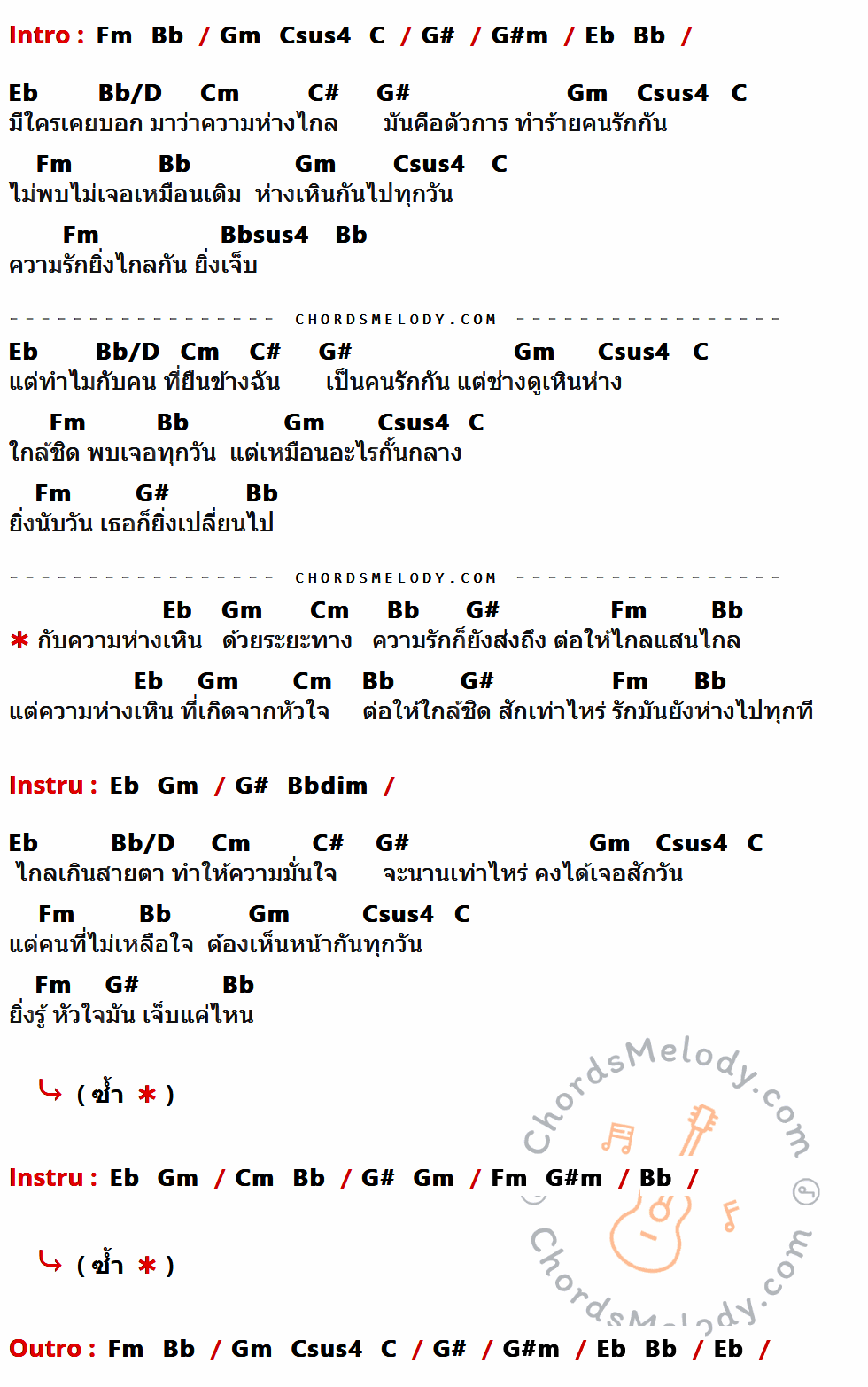 เนื้อเพลง ความห่างเหิน ของ จ๊ะจ๋า ณัฐชานันท์ ที่มีคอร์ด ในกลุ่มคีย์ Fm,Bb,Gm,Csus4,C,G#,G#m,Eb,Bb/D,Cm,C#,Bbsus4,Bbdim ประกอบ