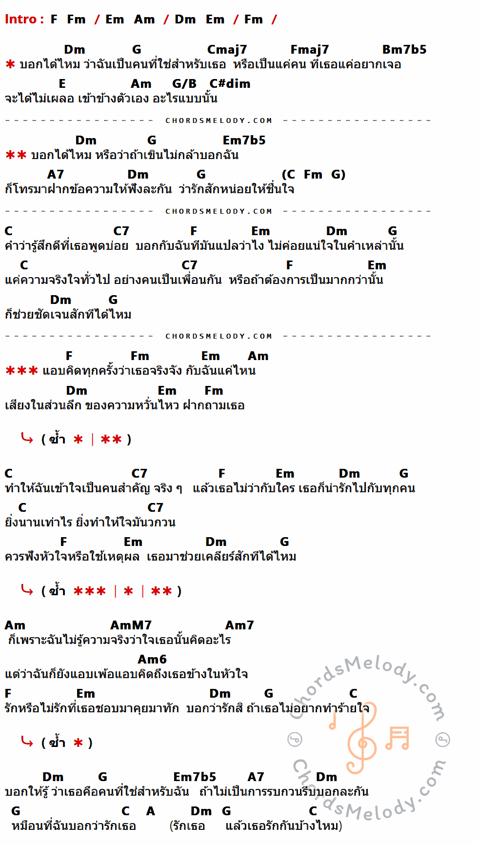 เนื้อเพลง บอกได้ไหม ของ จ๊ะจ๋า ณัฐชานันท์ ที่มีคอร์ด ในกลุ่มคีย์ F,Fm,Em,Am,Dm,G,Cmaj7,Fmaj7,Bm7b5,E,G/B,C#dim,Em7b5,A7,C,C7,AmM7,Am7,Am6,A ประกอบ