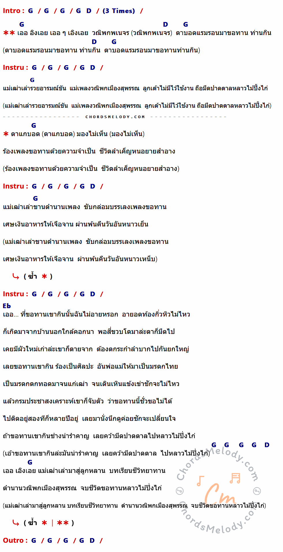 เนื้อเพลง ยายสำอาง ของ คาราบาว ที่มีคอร์ดกีต้าร์ G,D,Eb