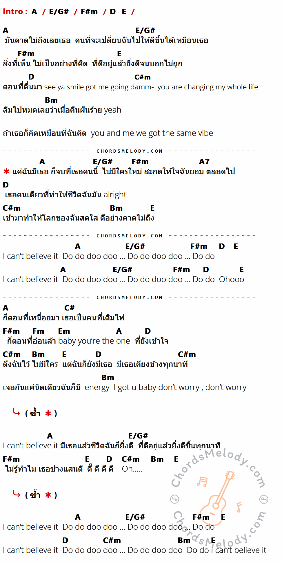 เนื้อเพลง ดี๊ดี (Unexpected) ของ Jaylerr feat. Paris ที่มีคอร์ดกีต้าร์ A,E/G#,F#m,D,E,C#m,Bm,A7,C#,Fm,Em