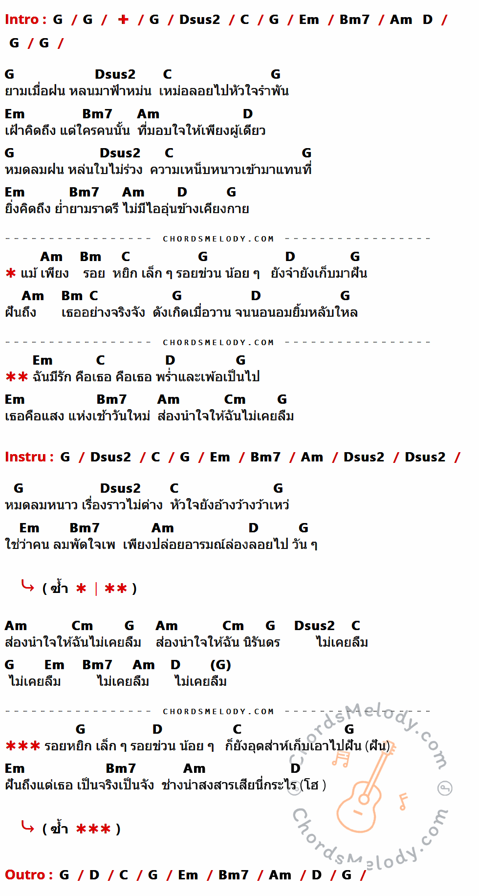 เนื้อเพลง ลมพัดใจเพ ของ คาราบาว ที่มีคอร์ด ในกลุ่มคีย์ G,Dsus2,C,Em,Bm7,Am,D,Bm,Cm ประกอบ