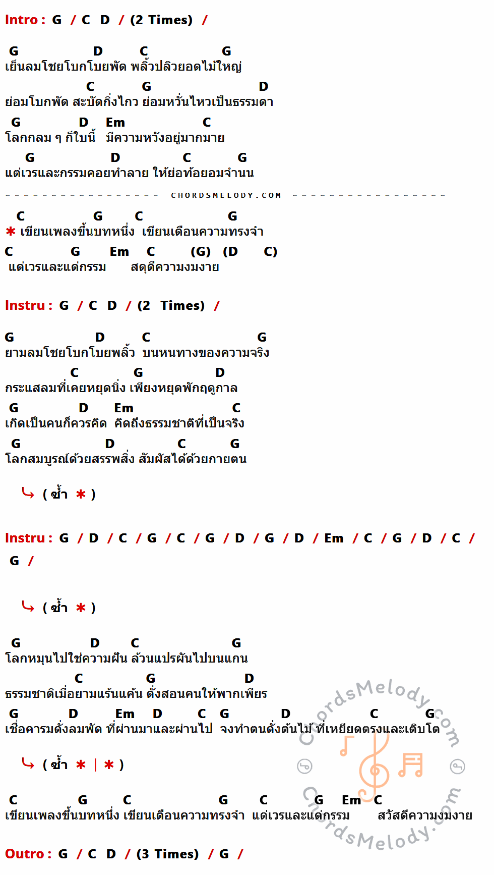 เนื้อเพลง เวร ของ คาราบาว ที่มีคอร์ด ในกลุ่มคีย์ G,C,D,Em ประกอบ