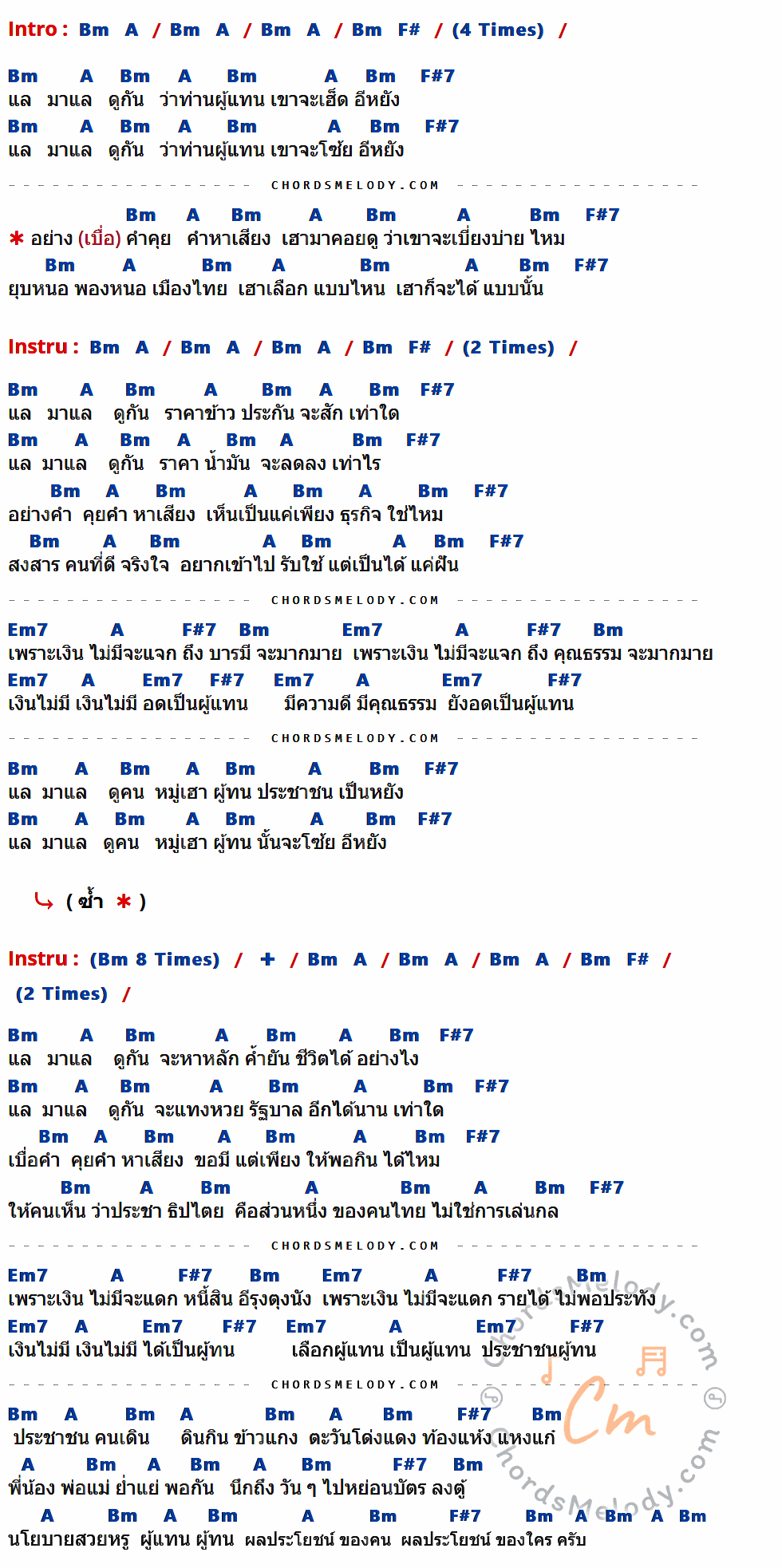 เนื้อเพลง ผู้ทน ของ คาราบาว ที่มีคอร์ด ในกลุ่มคีย์ Bm,A,F#,F#7,Em7 ประกอบ