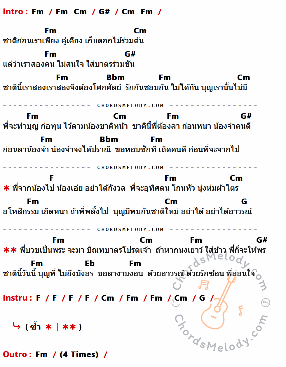 เนื้อเพลง ทำบุญร่วมชาติ ของ ชาย เมืองสิงห์ ที่มีคอร์ดกีต้าร์ Fm,Cm,G#,Bbm,F,G,Eb