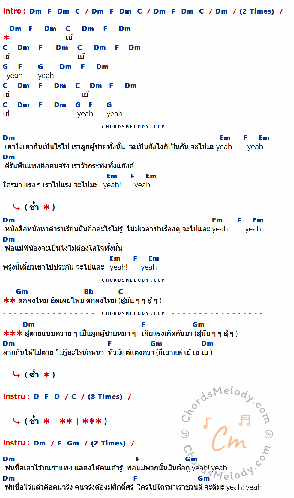 เนื้อเพลง Yeah! Yeah! ของ Y Not 7 มีคอร์ดกีต้าร์ ในคีย์ที่ต่างกัน Am,C,G,D,Bm,Dm,F,A