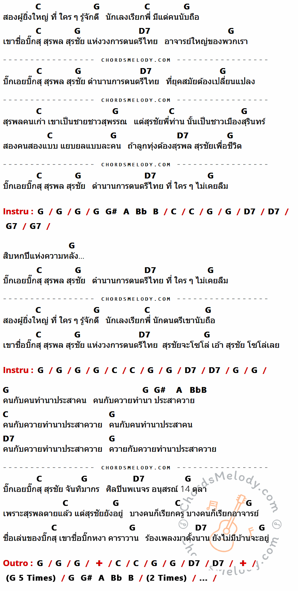 เนื้อเพลง บิ๊กสุ ของ คาราบาว มีคอร์ดกีต้าร์ ในคีย์ที่ต่างกัน C,G,D7,G7,G#,A,Bb,B