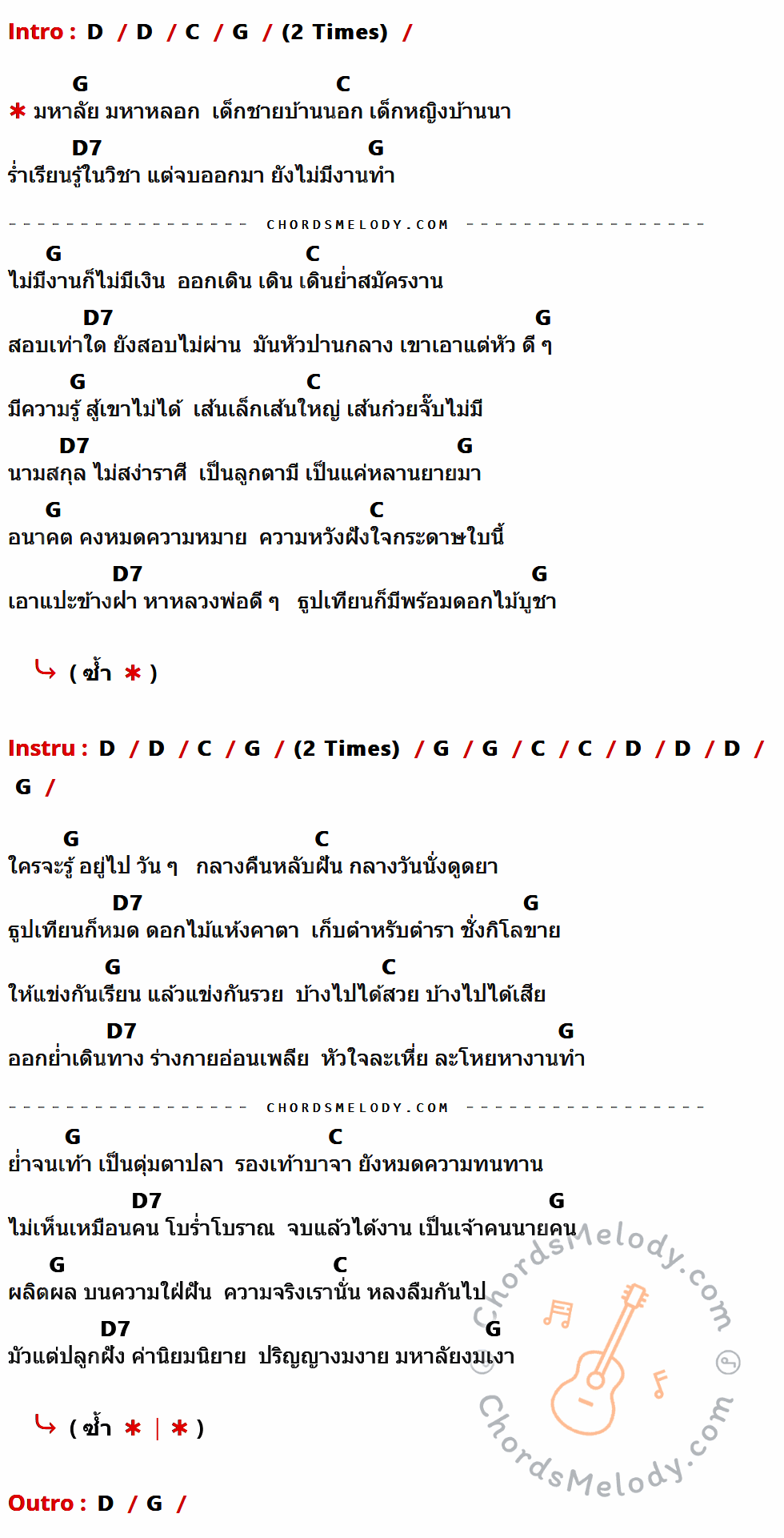 คอร์ดเพลง มหาลัย - คาราบาว เนื้อร้อง มีคอร์ดกีต้าร์ ในกลุ่มคีย์ D,C,G,D7 กำกับ