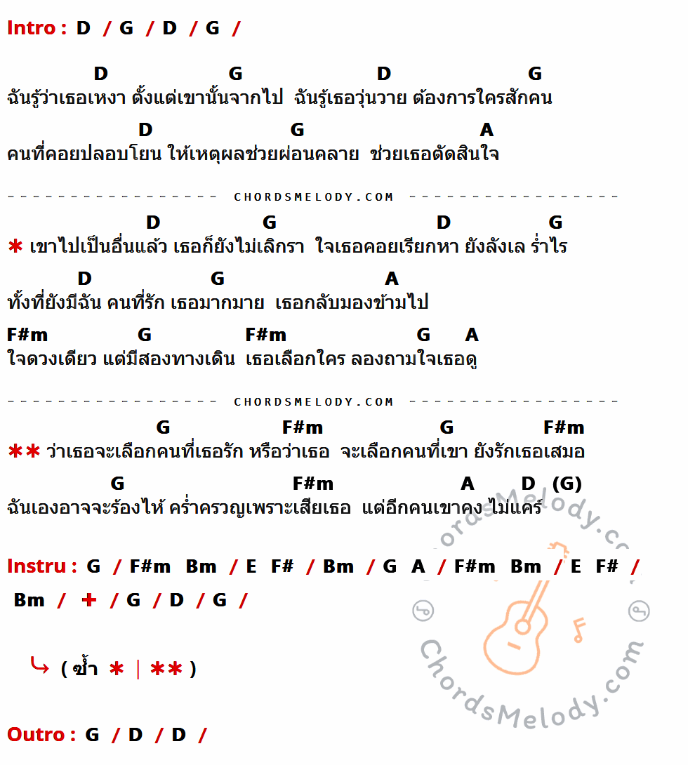 คอร์ดเพลง เธอจะเลือกใคร - กัน นภัทร เนื้อร้อง มีคอร์ดกีต้าร์ ในกลุ่มคีย์ D,G,A,F#m,Bm กำกับ