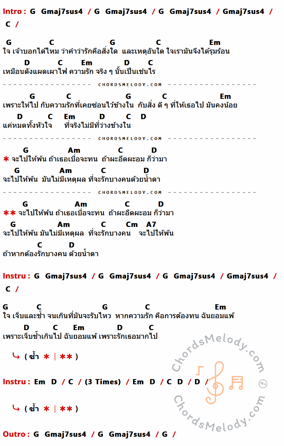 เนื้อเพลง รักด้วยน้ำตา ของ โจ ก้อง มีคอร์ดกีต้าร์ ในคีย์ที่ต่างกัน G,Gmaj7sus4,C,Em,D,Am,Cm,A7