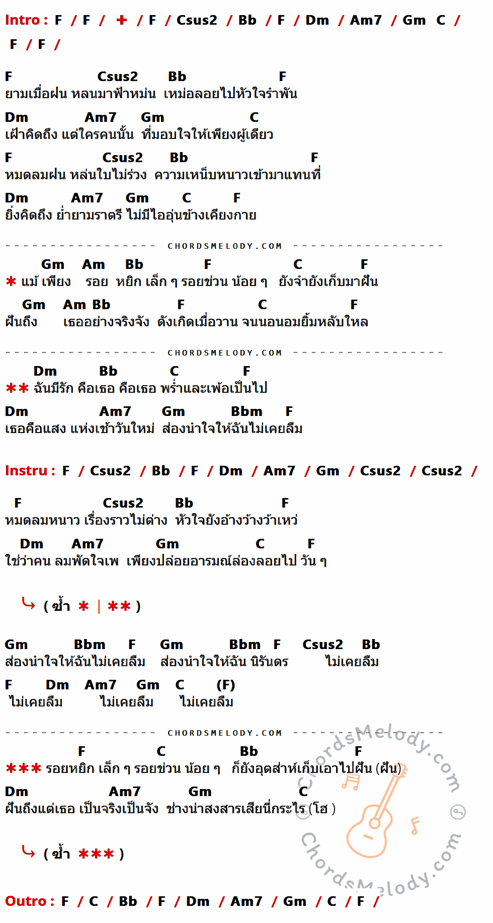 คอร์ดเพลง ลมพัดใจเพ - คาราบาว เนื้อร้อง มีคอร์ดกีต้าร์ ในกลุ่มคีย์ F,Csus2,Bb,Dm,Am7,Gm,C,Am, ,Bbm กำกับ