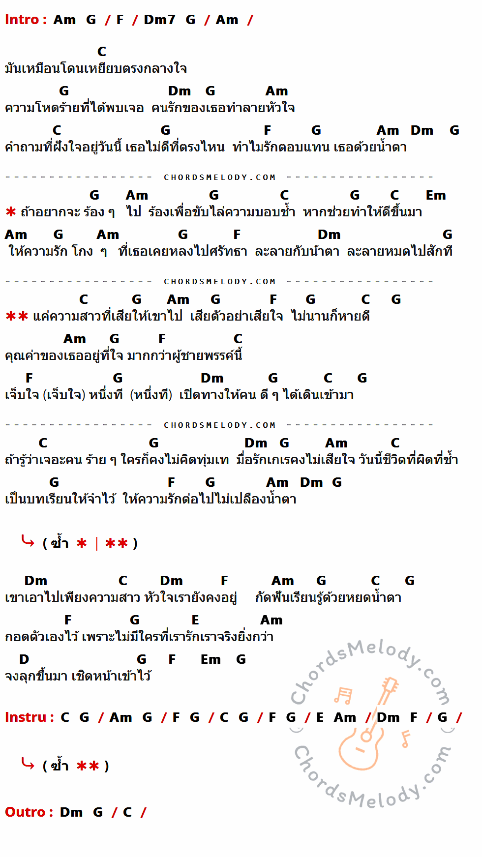 เนื้อเพลง เสียตัว...อย่าเสียใจ ของ คาราบาว-ปาน มีคอร์ดกีต้าร์ ในคีย์ที่ต่างกัน Am,G,F,Dm7,C,Dm,Em,E,D