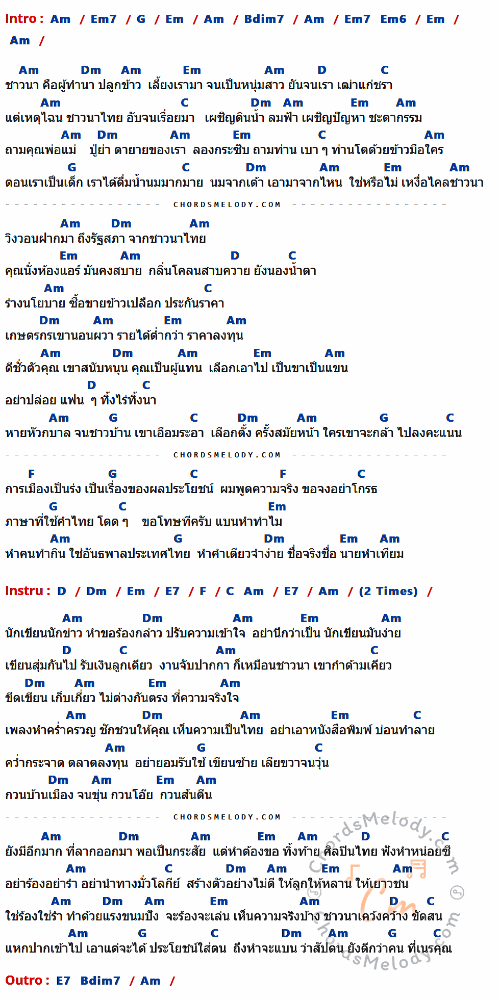 เนื้อเพลง หำเฮี้ยน ของ คาราบาว มีคอร์ดกีต้าร์ ในคีย์ที่ต่างกัน Am,Em7,G,Em,Bdim7,Dm,D,C,F,E7