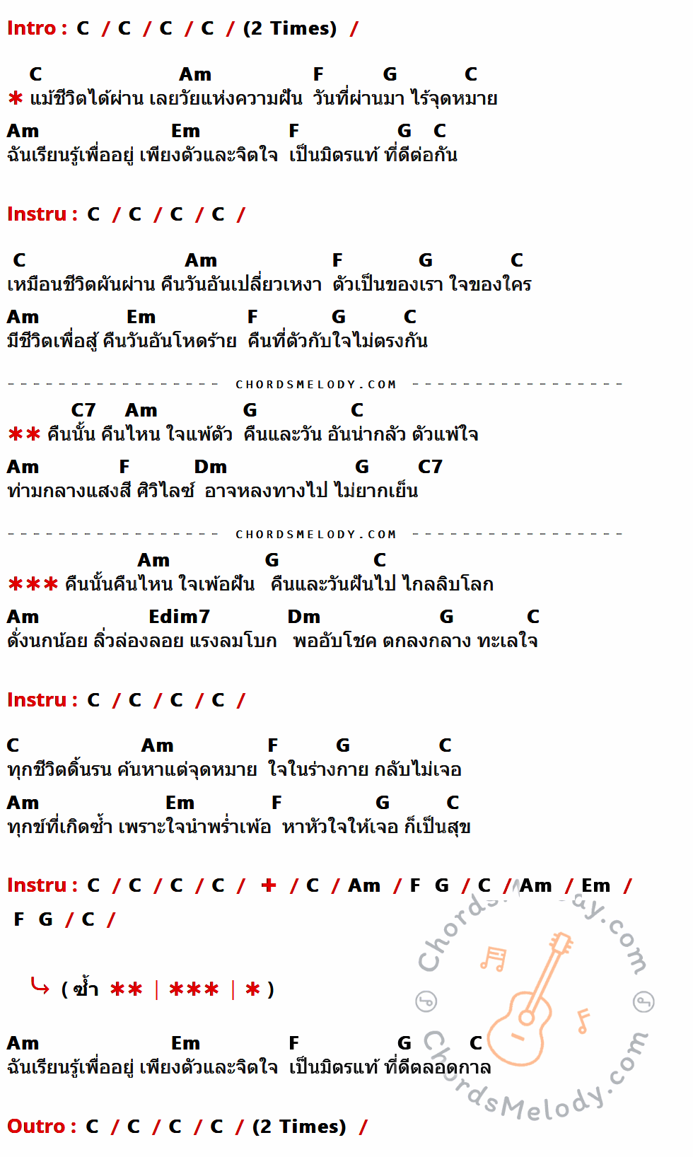 คอร์ดเพลง ทะเลใจ - คาราบาว เนื้อร้อง มีคอร์ดกีต้าร์ ในกลุ่มคีย์ C,Am,F,G,Em,C7,Dm,Edim7 กำกับ