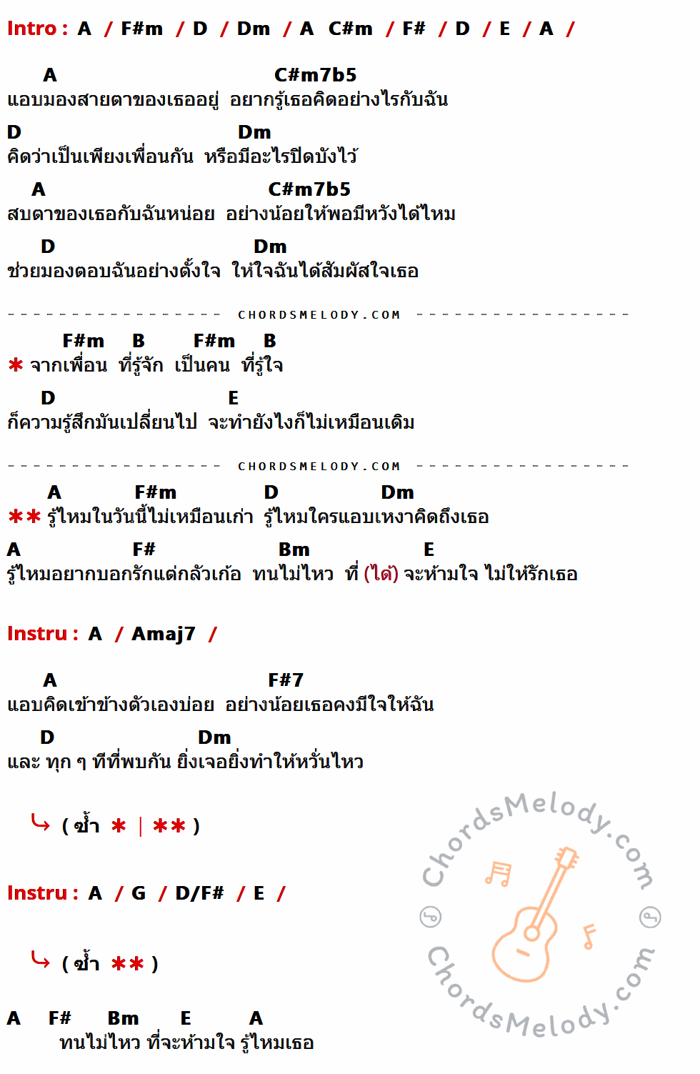 เนื้อเพลง รู้ไหม ของ ณัฏฐ์ ทิวไผ่งาม ที่มีคอร์ดกีต้าร์ A,F#m,D,Dm,C#m,F#,E,C#m7b5,B,Bm,Amaj7,F#7,G,D/F#