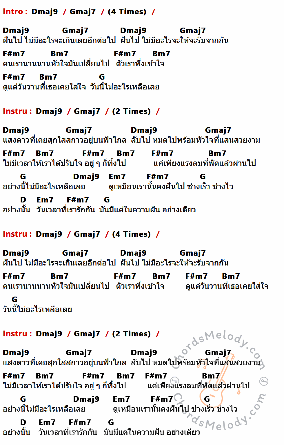 เนื้อเพลง ฝันไป ของ ธีร์ ไชยเดช ที่มีคอร์ด ในกลุ่มคีย์ Dmaj9,Gmaj7,F#m7,Bm7,G,Em7,D ประกอบ