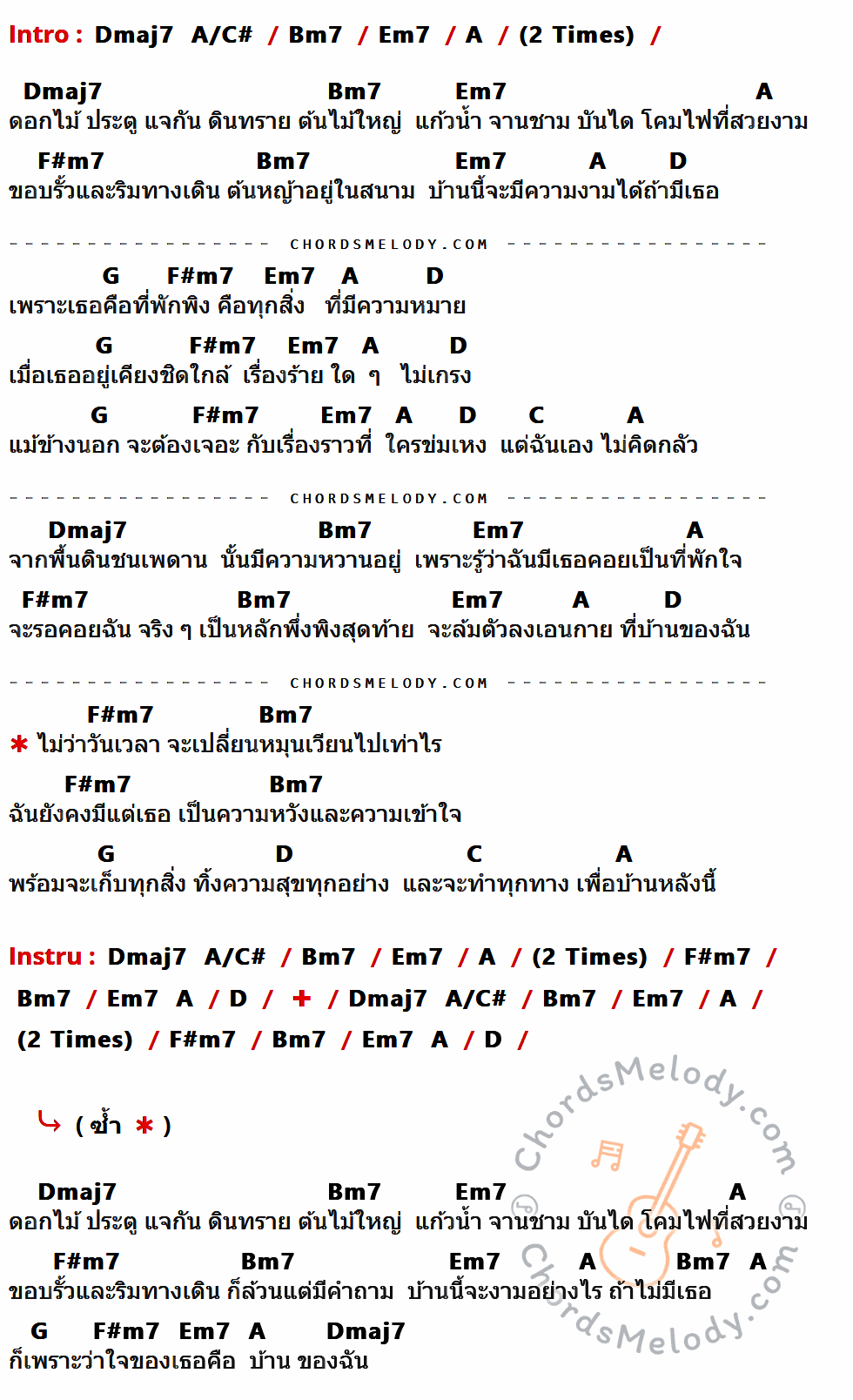 เนื้อเพลง Home ของ ธีร์ ไชยเดช ที่มีคอร์ด ในกลุ่มคีย์ Dmaj7,A/C#,Bm7,Em7,A,F#m7,D,G,C ประกอบ