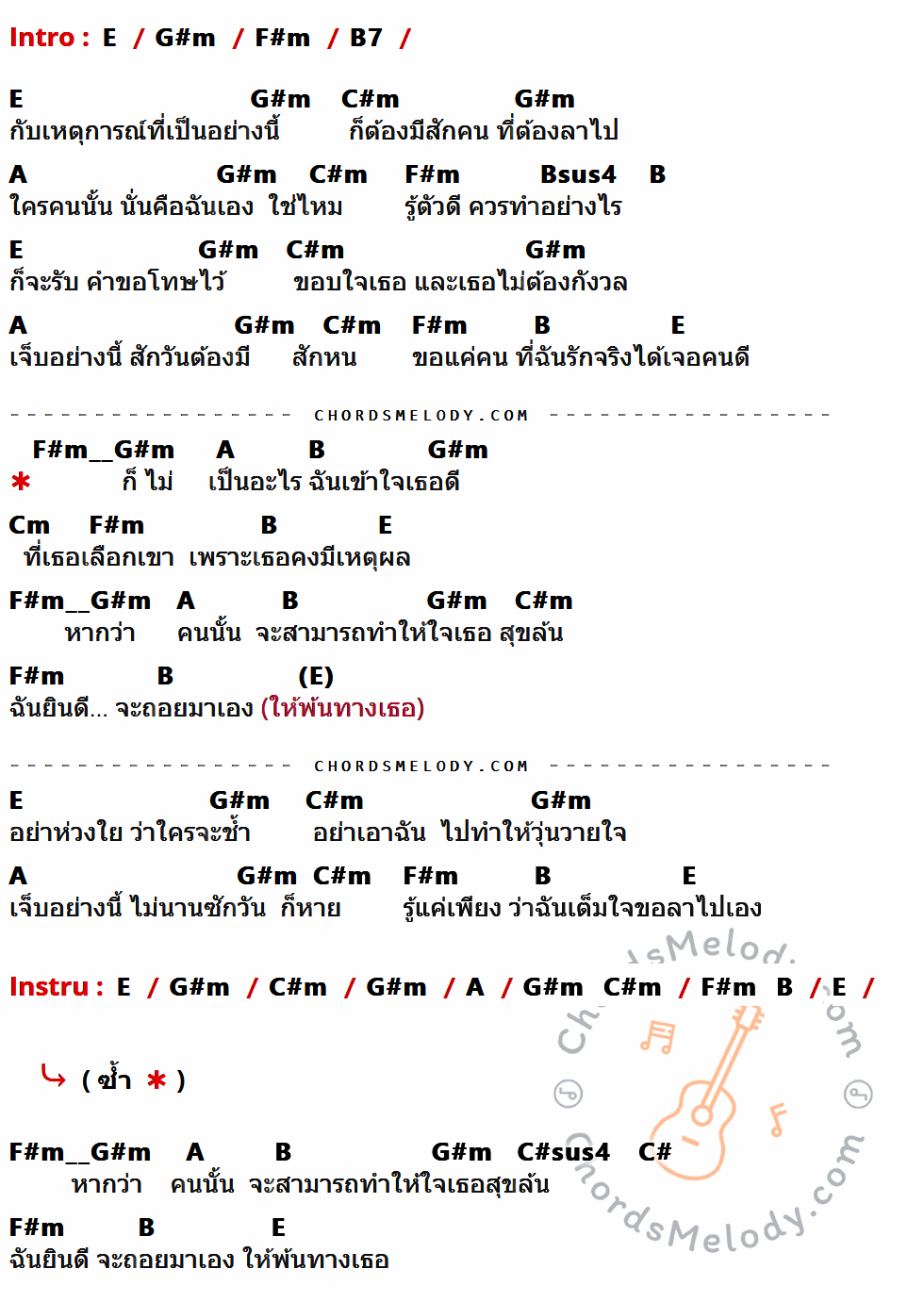 เนื้อเพลง ไม่เป็นอะไร ของ ปราโมทย์ วิเลปะนะ ที่มีคอร์ดกีต้าร์ E,G#m,F#m,B7,C#m,A,Bsus4,B,C#sus4,C#