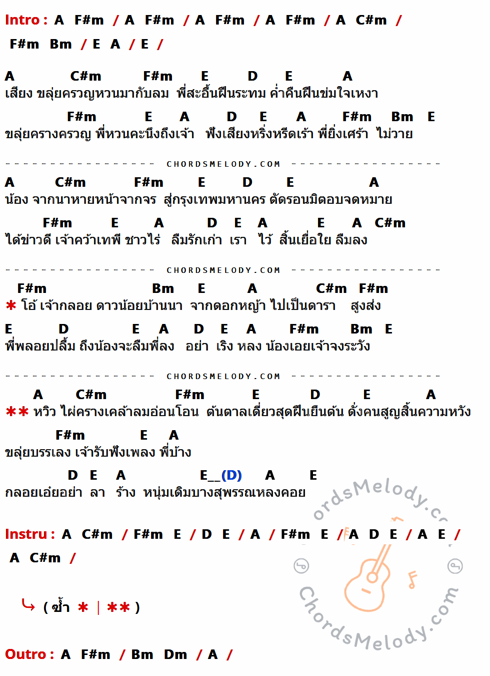 เนื้อเพลง เสียงขลุ่ยเรียกนาง ของ ไท ธนาวุฒิ ที่มีคอร์ดกีต้าร์ A,F#m,C#m,Bm,E,D,Dm