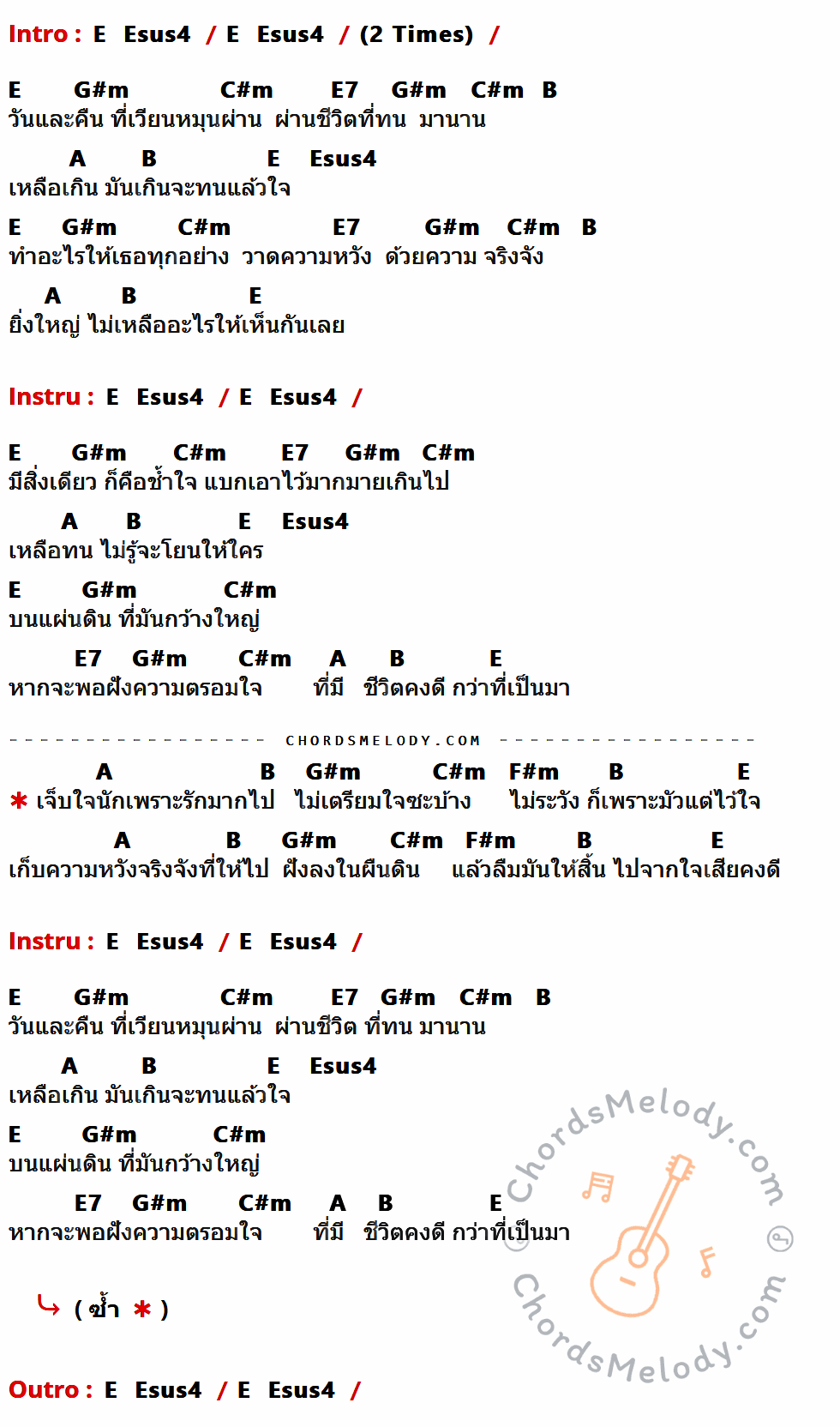 เนื้อเพลง ฝังไว้ในผืนดิน ของ บิลลี่ โอแกน ที่มีคอร์ดกีต้าร์ E,Esus4,G#m,C#m,E7,B,A,F#m