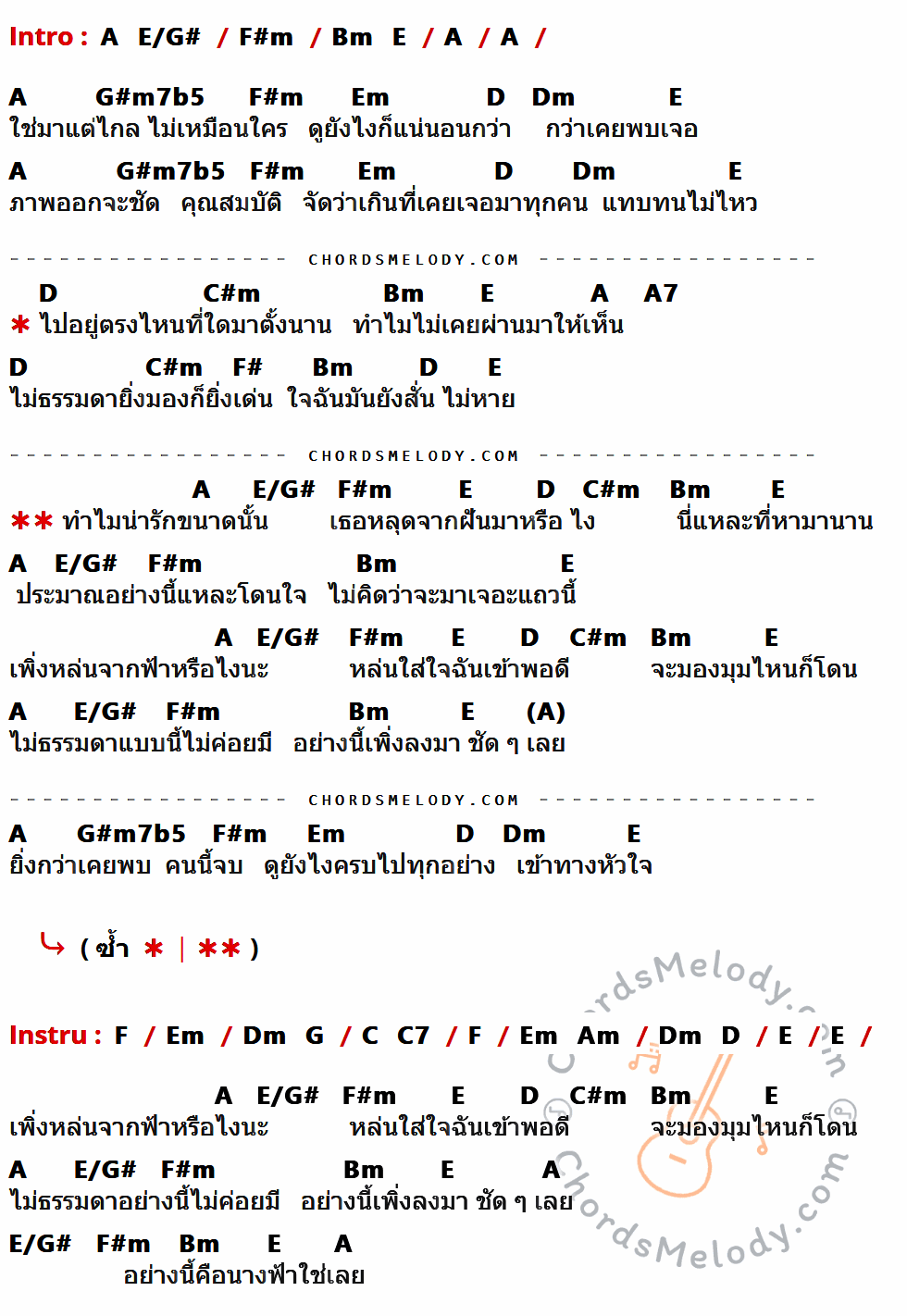 เนื้อเพลง นางฟ้า ของ ดิว The Star ที่มีคอร์ด ในกลุ่มคีย์ A,E/G#,F#m,Bm,E,G#m7b5,Em,D,Dm,C#m,A7,F#,F,G,C,C7,Am ประกอบ
