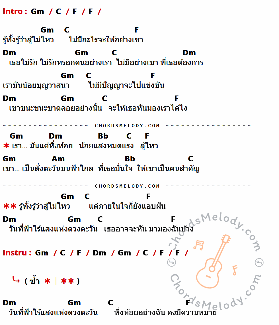 เนื้อเพลง หิ่งห้อยกับตะวัน ของ ไชโย ธนาวัฒน์ ที่มีคอร์ด ในกลุ่มคีย์ Gm,C,F,Dm,Bb,Am ประกอบ