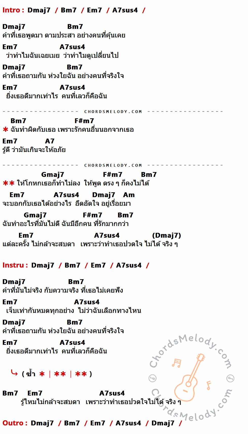 เนื้อเพลง โกหกไม่ลง พูดตรง ๆ ไม่ได้ ของ ปนัดดา เรืองวุฒิ ที่มีคอร์ด ในกลุ่มคีย์ Dmaj7,Bm7,Em7,A7sus4,F#m7,A7,Gmaj7,Am ประกอบ