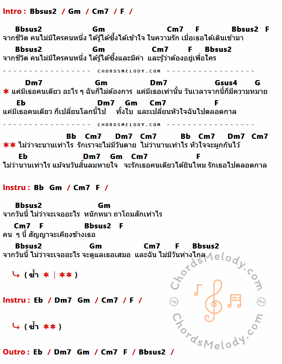 เนื้อเพลง รักเธอตลอดกาล ของ โดม Nologo ที่มีคอร์ด ในกลุ่มคีย์ Bbsus2,Gm,Cm7,F,Dm7,Gsus4,G,Eb,Bb ประกอบ