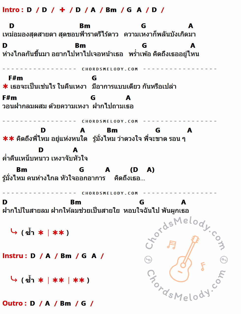 เนื้อเพลง หัวใจออกอาการ ของ บ่าววี ที่มีคอร์ดกีต้าร์ D,A,Bm,G,F#m