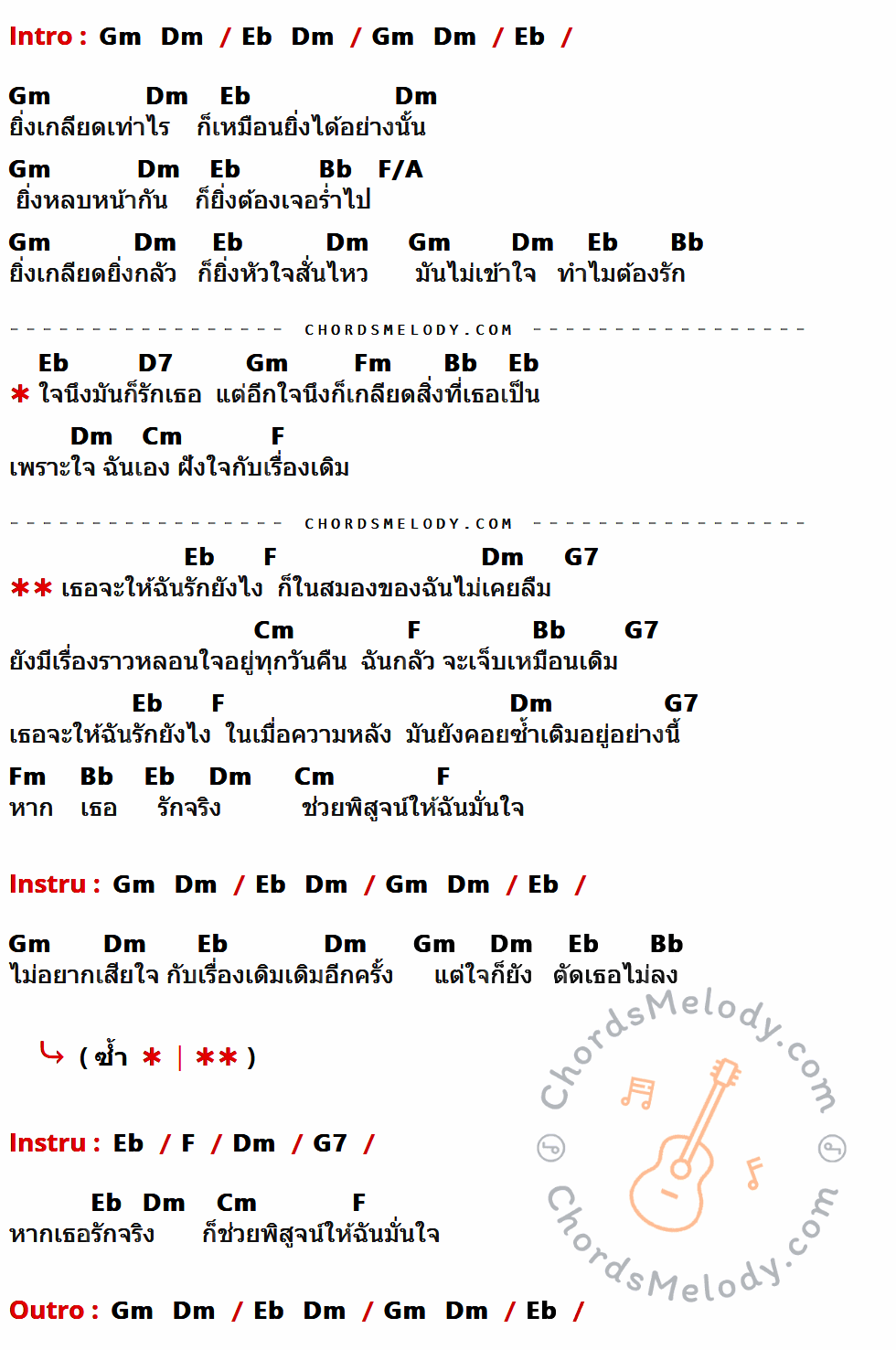 เนื้อเพลง จะให้ฉันรักยังไง ของ เต้น นรารักษ์ ที่มีคอร์ด ในกลุ่มคีย์ Gm,Dm,Eb,Bb,F/A,D7,Fm,Cm,F,G7 ประกอบ