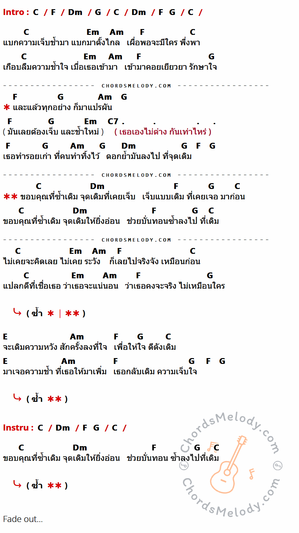 เนื้อเพลง ซ้ำเติม ของ ธเนศ วรากุลนุเคราะห์ ที่มีคอร์ด ในกลุ่มคีย์ C,F,Dm,G,Em,Am,C7,E ประกอบ