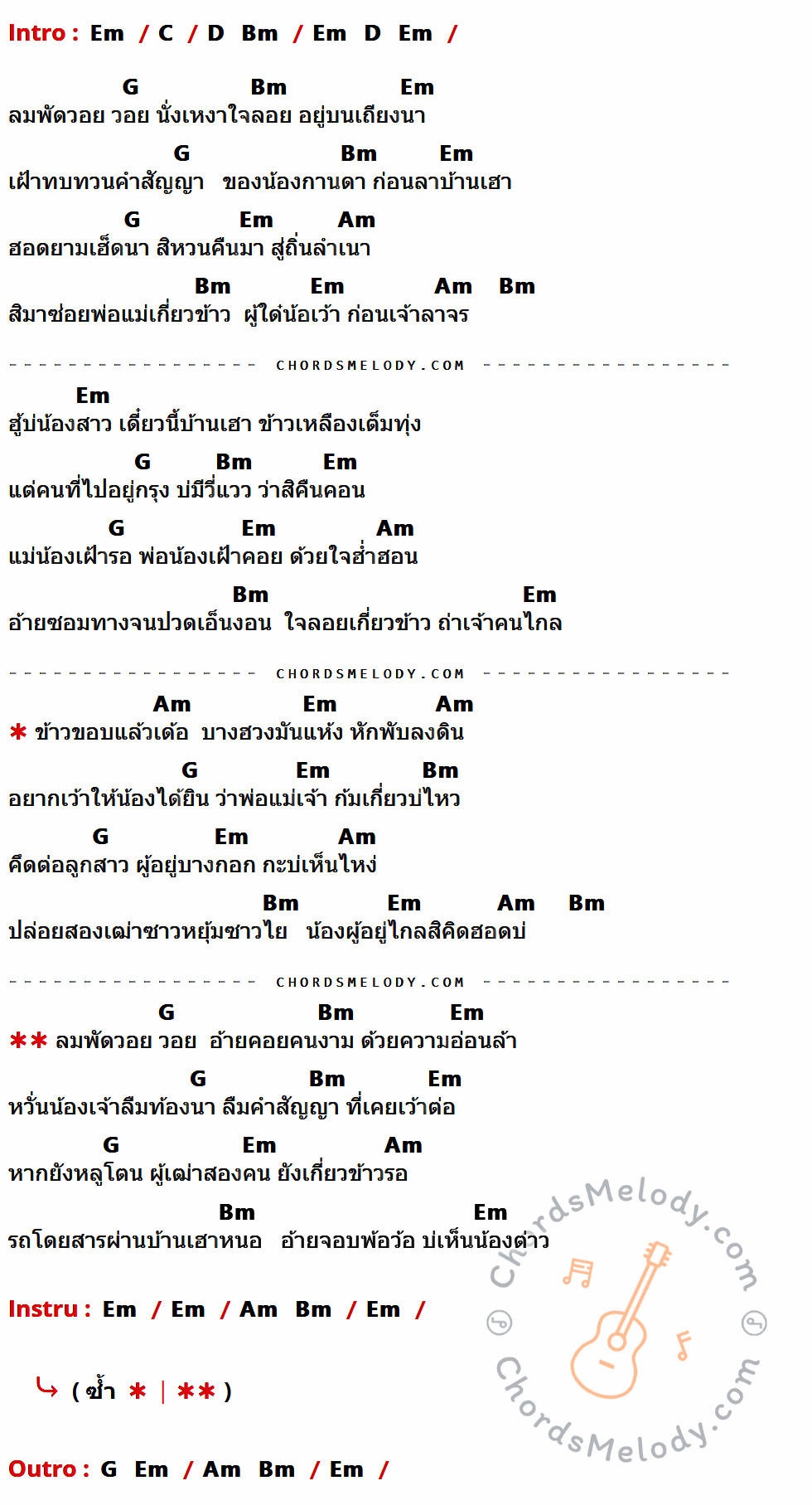 เนื้อเพลง คอยน้องคืนนา ของ นนท์ พลเยี่ยม มีคอร์ดกีต้าร์ ในคีย์ที่ต่างกัน Em,C,G,Bm,Am