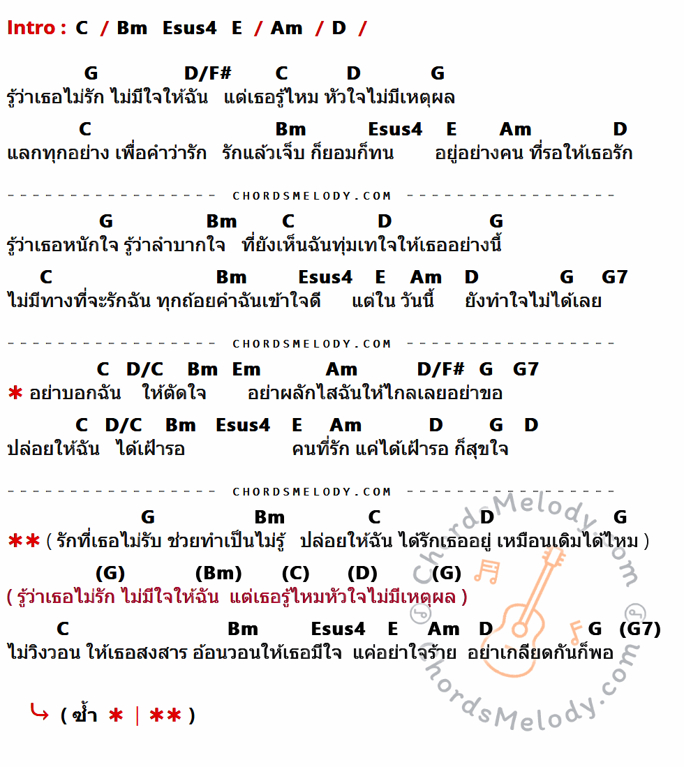 เนื้อเพลง อย่าเกลียดกันก็พอ ของ ทาทา ยัง มีคอร์ดกีต้าร์ ในคีย์ที่ต่างกัน C,Am,D,G,D/F#,Bm,Esus4,E,G7,D/C,Em