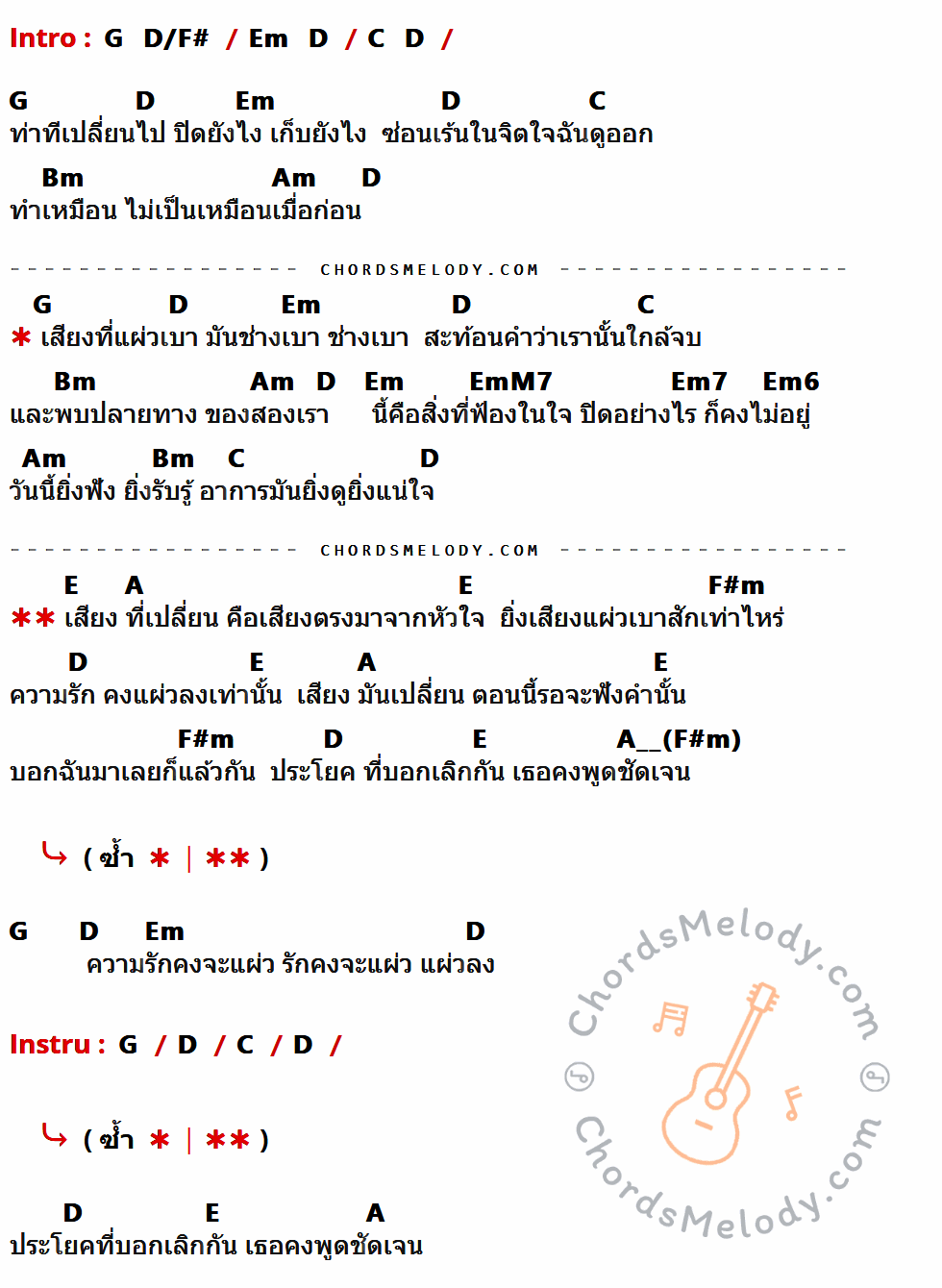 คอร์ดเพลง เสียงที่เปลี่ยน - เบลล์ นันทิตา เนื้อร้อง มีคอร์ดกีต้าร์ ในกลุ่มคีย์ G,D,Em,C,Bm,Am,EmM7,Em7,Em6,E,A,F#m กำกับ