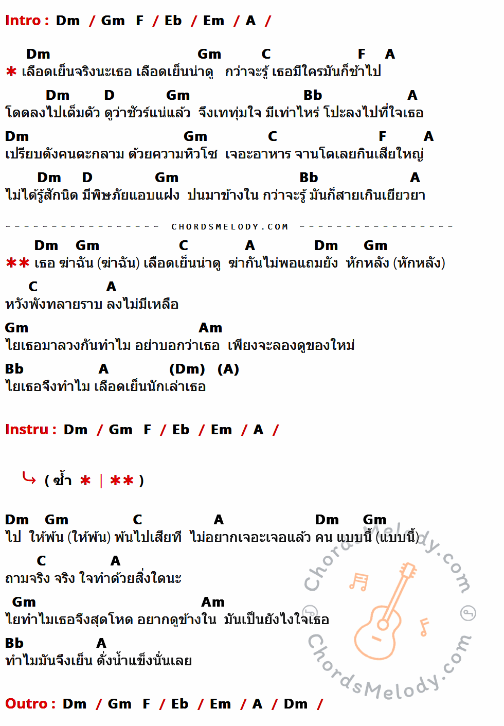 คอร์ดเพลง ใจน้ำแข็ง - เท่ห์ อุเทน พรหมมินทร์ เนื้อร้อง มีคอร์ดกีต้าร์ ในกลุ่มคีย์ Dm,Eb,Em,A,Gm,C,F,D,Bb,Am กำกับ