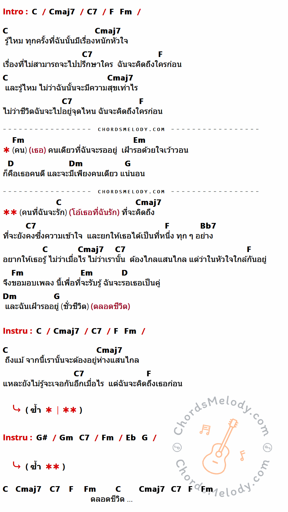 เนื้อเพลง คนที่คิดถึง ของ เบน ชลาทิศ มีคอร์ดกีต้าร์ ในคีย์ที่ต่างกัน C,Cmaj7,C7,F,Fm,Em,D,Dm,G,Bb7,G#