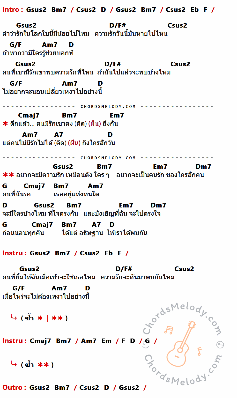 คอร์ดเพลง ที่รักของใครสักคน - เต้ วิทย์สรัช เนื้อร้อง มีคอร์ดกีต้าร์ ในกลุ่มคีย์ Gsus2,D/F#,Csus2,G/F,Am7,D,Cmaj7,Bm7,Em7,A7,Dm7,G กำกับ