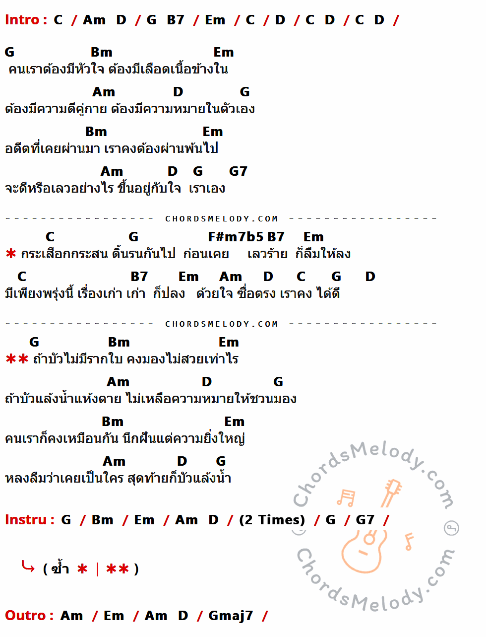 เนื้อเพลง บัวแล้งน้ำ ของ ต้อม เรนโบว์ มีคอร์ดกีต้าร์ ในคีย์ที่ต่างกัน C,Am,D,G,B7,Em,Bm,G7,F#m7b5,Gmaj7