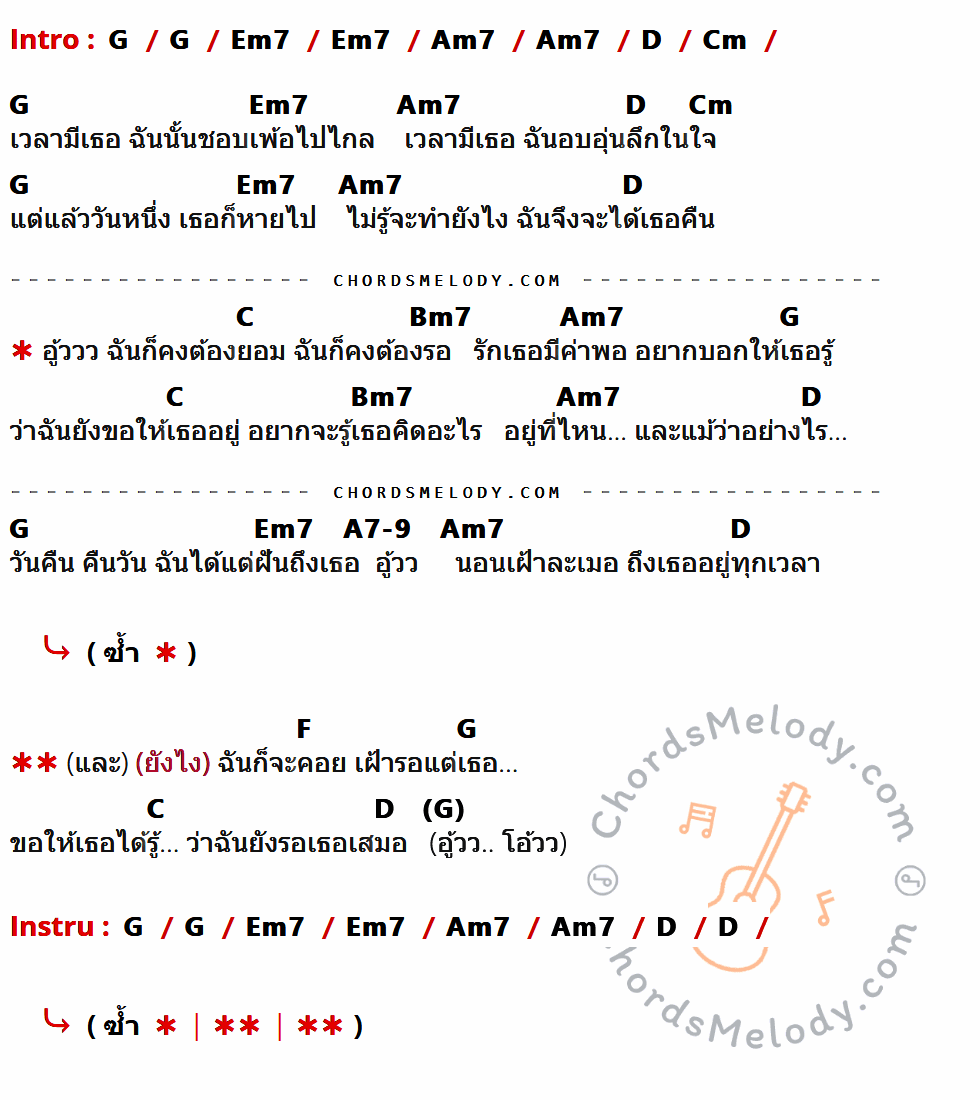 คอร์ดเพลง เฝ้ารอเฝ้าคอย - ณัฐพล ศรีจอมขวัญ เนื้อร้อง มีคอร์ดกีต้าร์ ในกลุ่มคีย์ G,Em7,Am7,D,Cm,C,Bm7,A7-9,F กำกับ