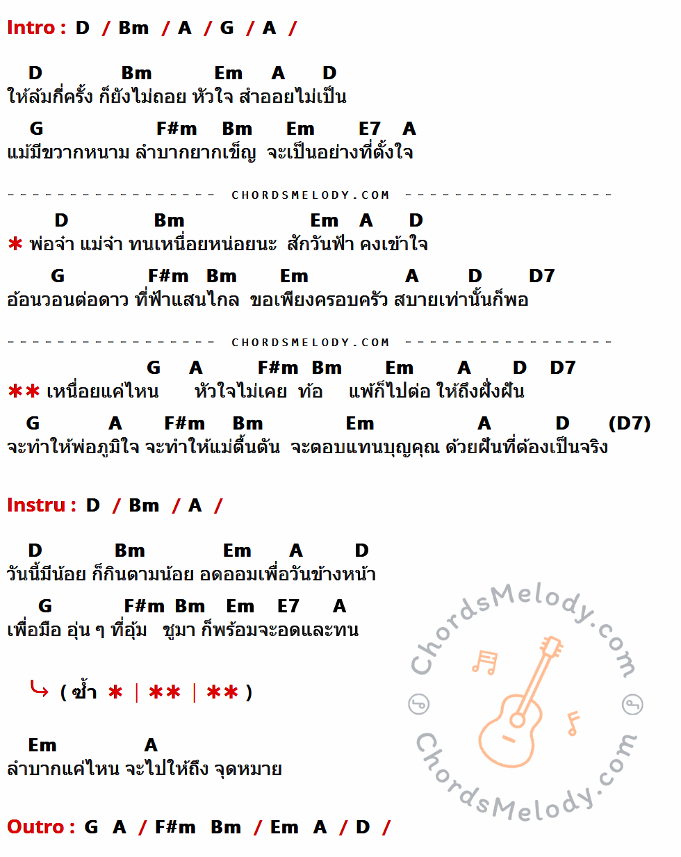 คอร์ดเพลง ฝันที่ต้องเป็นจริง - ไทด์ วัชรินทร์ พลอยงาม เนื้อร้อง มีคอร์ดกีต้าร์ ในกลุ่มคีย์ D,Bm,A,G,Em,F#m,E7,D7 กำกับ