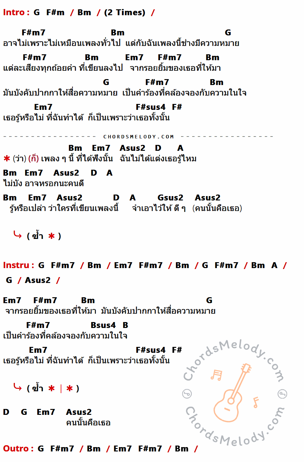 คอร์ดเพลง เพลงที่ฉันไม่ได้แต่ง - แนท ณัฐชา เนื้อร้อง มีคอร์ดกีต้าร์ ในกลุ่มคีย์ G,F#m,Bm,F#m7,Em7,F#sus4,F#,Asus2,D,A,Gsus2,Bsus4,B กำกับ