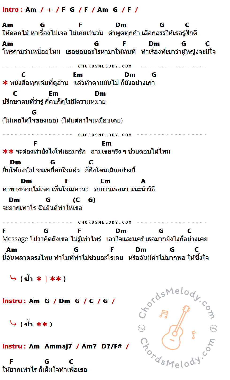 เนื้อเพลง How To ของ ริท The Star ที่มีคอร์ด ในกลุ่มคีย์ Am,F,G,Dm,C,Em,A,Ammaj7,Am7,D7/F# ประกอบ