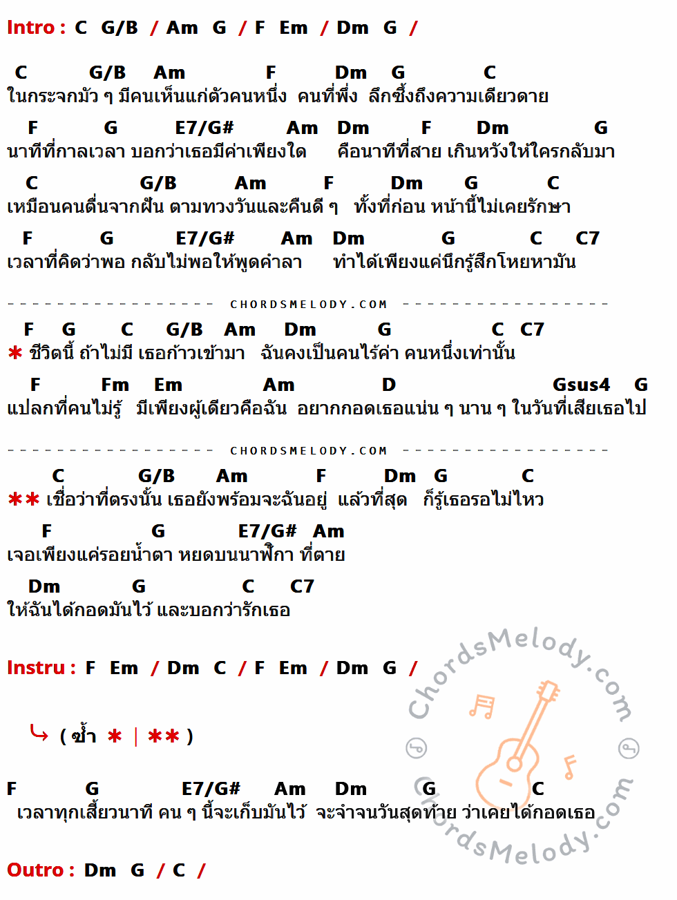 เนื้อเพลง เวลาตาย ของ พิง ลำพระเพลิง ที่มีคอร์ด ในกลุ่มคีย์ C,G/B,Am,G,F,Em,Dm,E7/G#,C7,Fm,D,Gsus4 ประกอบ