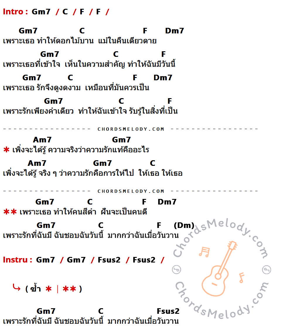 เนื้อเพลง เพราะเธอ Feat. ปั่น ไพบูลย์เกียรติ ของ วงนั่งเล่น ที่มีคอร์ด ในกลุ่มคีย์ Gm7,C,F,Dm7,Am7,Fsus2 ประกอบ