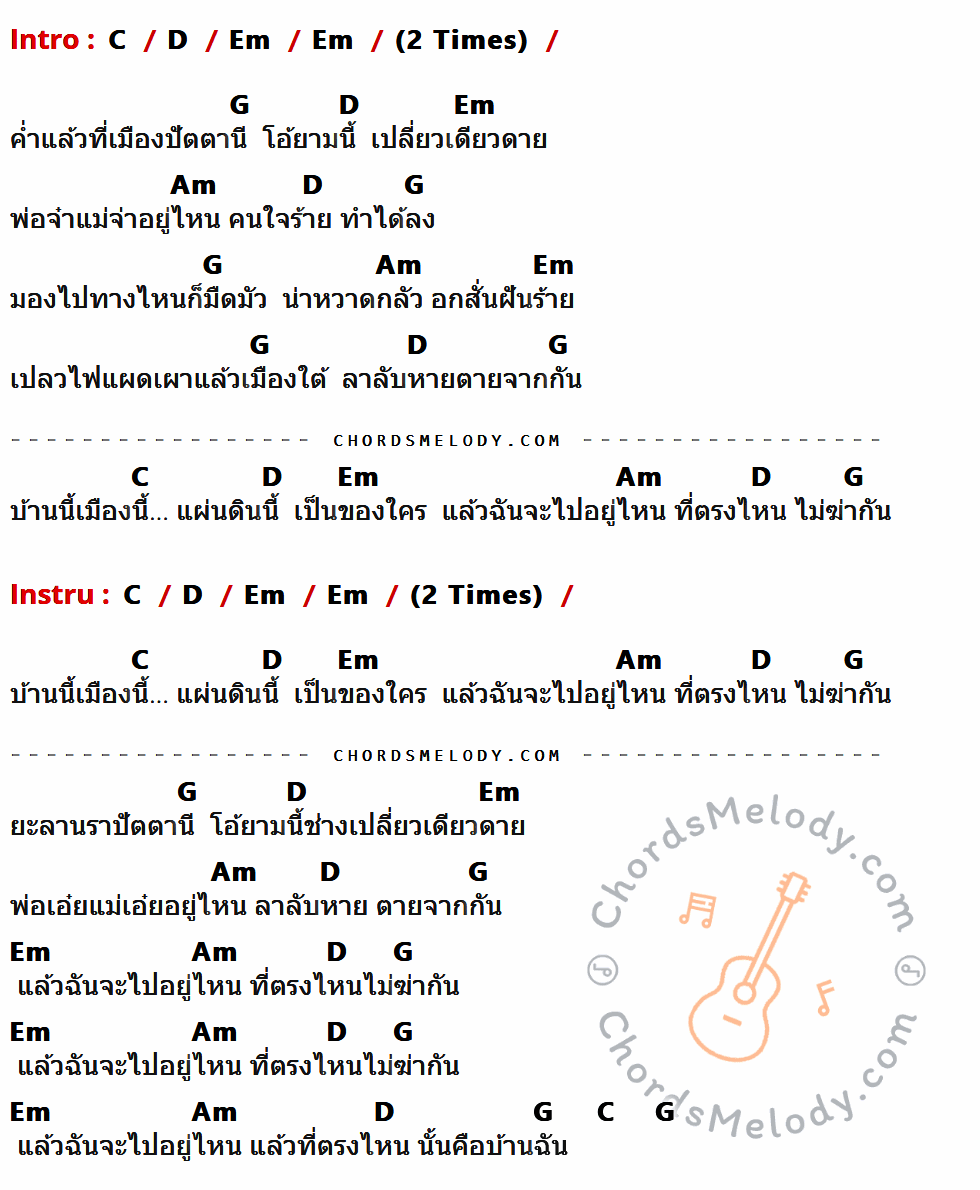 เนื้อเพลง บ้านฉัน ของ มาลีฮวนน่า ที่มีคอร์ด ในกลุ่มคีย์ C,D,Em,G,Am ประกอบ