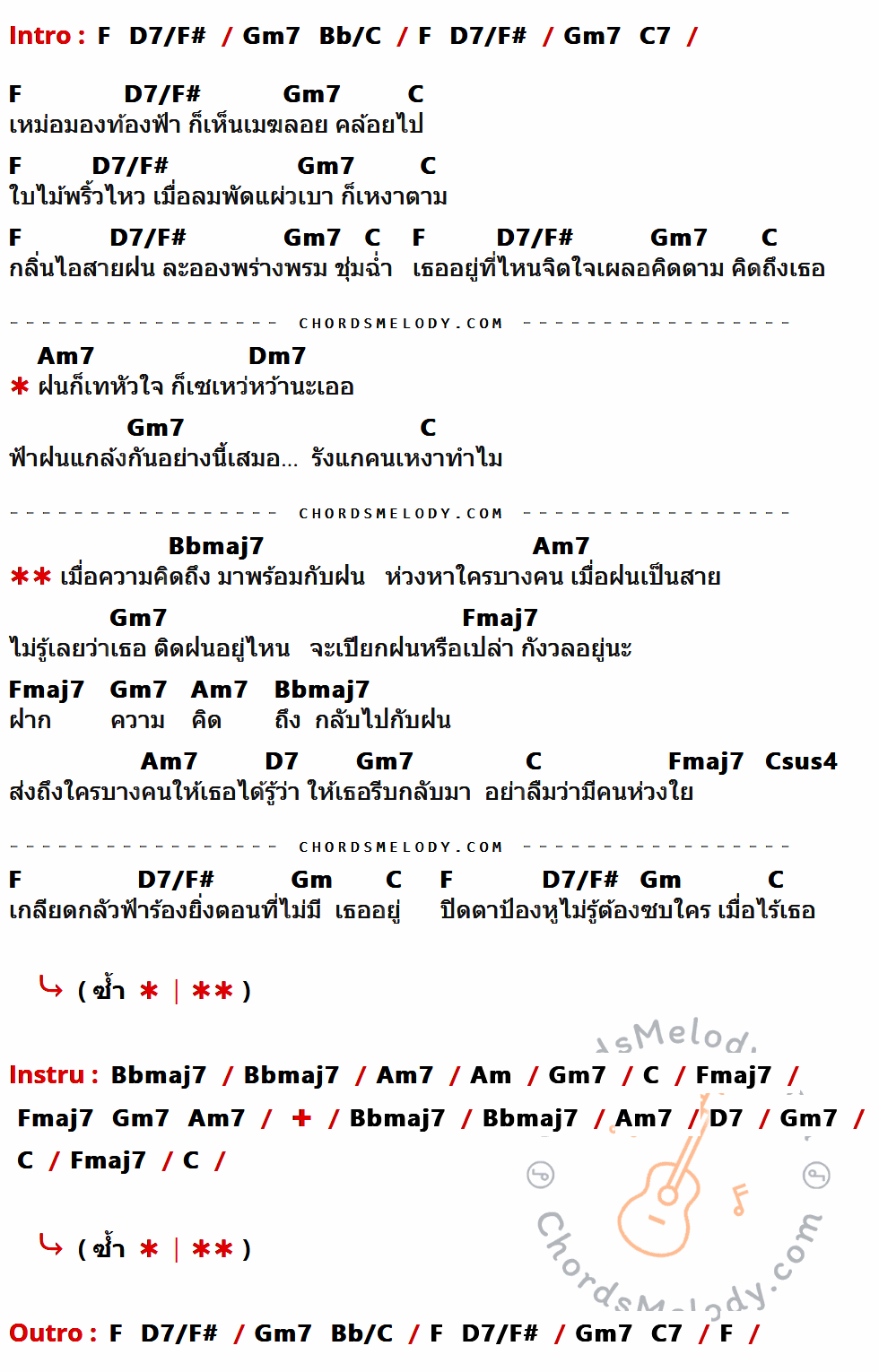 เนื้อเพลง คิดถึงนะ ของ แพรว คณิตกุล ที่มีคอร์ด ในกลุ่มคีย์ F,D7/F#,Gm7,Bb/C,C7,C,Am7,Dm7,Bbmaj7,Fmaj7,D7,Csus4,Gm,Am ประกอบ